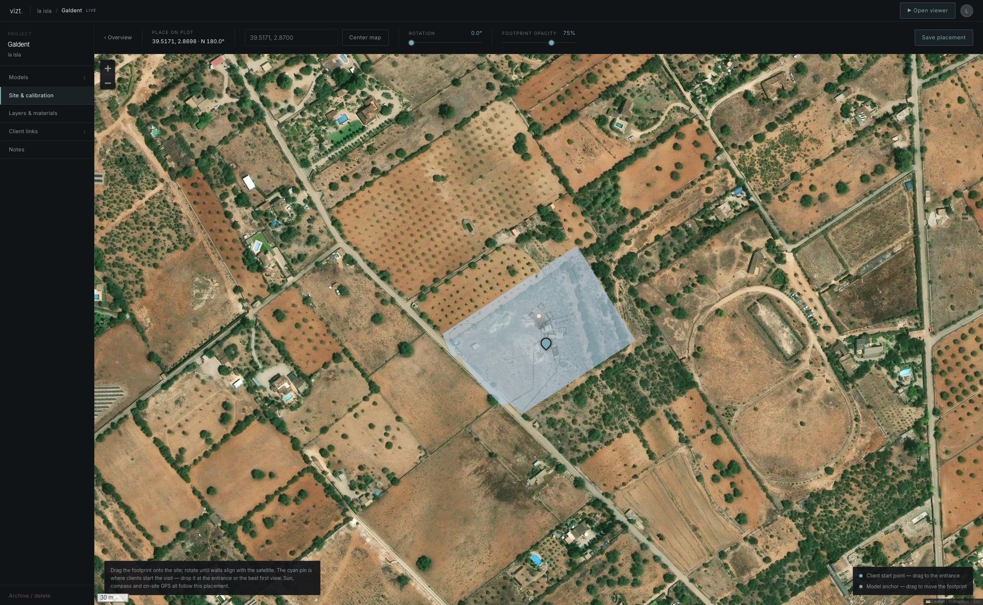 The vizt dashboard's Site & calibration tab: a footprint placed over a rural satellite plot, rotation and opacity controls above