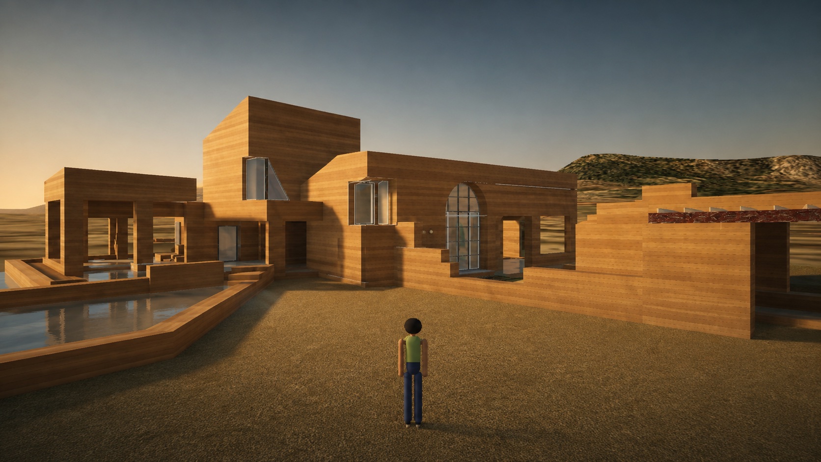 A timber house on its plot at golden hour, a figure standing before it at human scale
