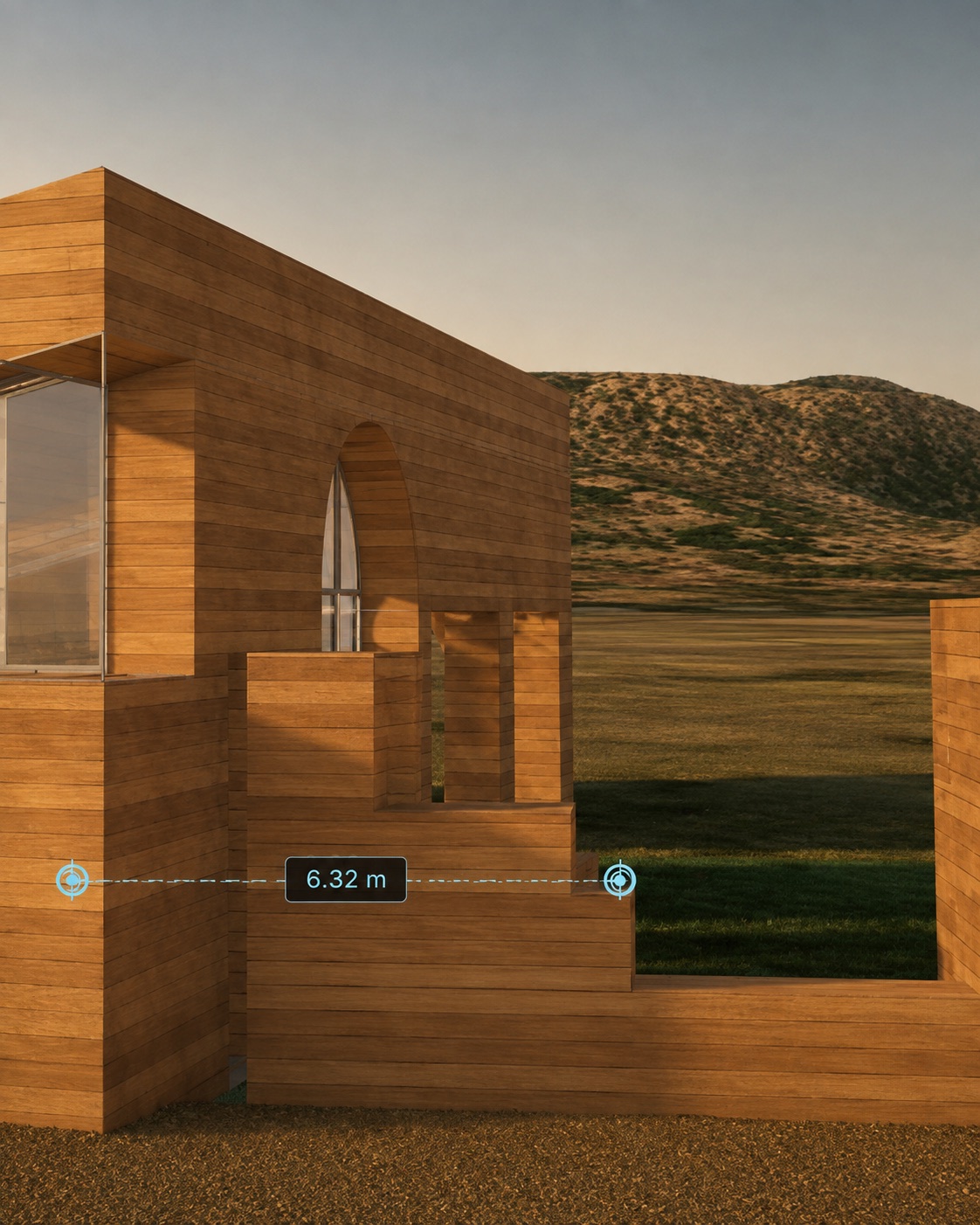 The vizt measure tool reading 6.32 metres across a timber facade, hills behind