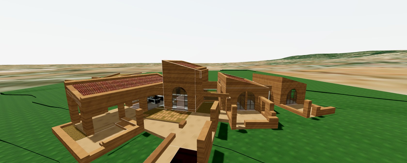A timber house rendered by the viewer, its shadows cast by the computed sun